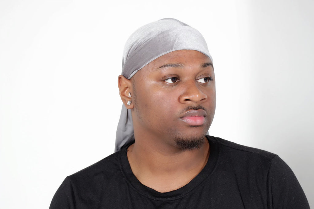 Silver and light blue durag